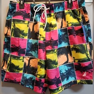 Nautica NWT Bright Multicolor Palm Tree Scenes Swim Trunks, L
